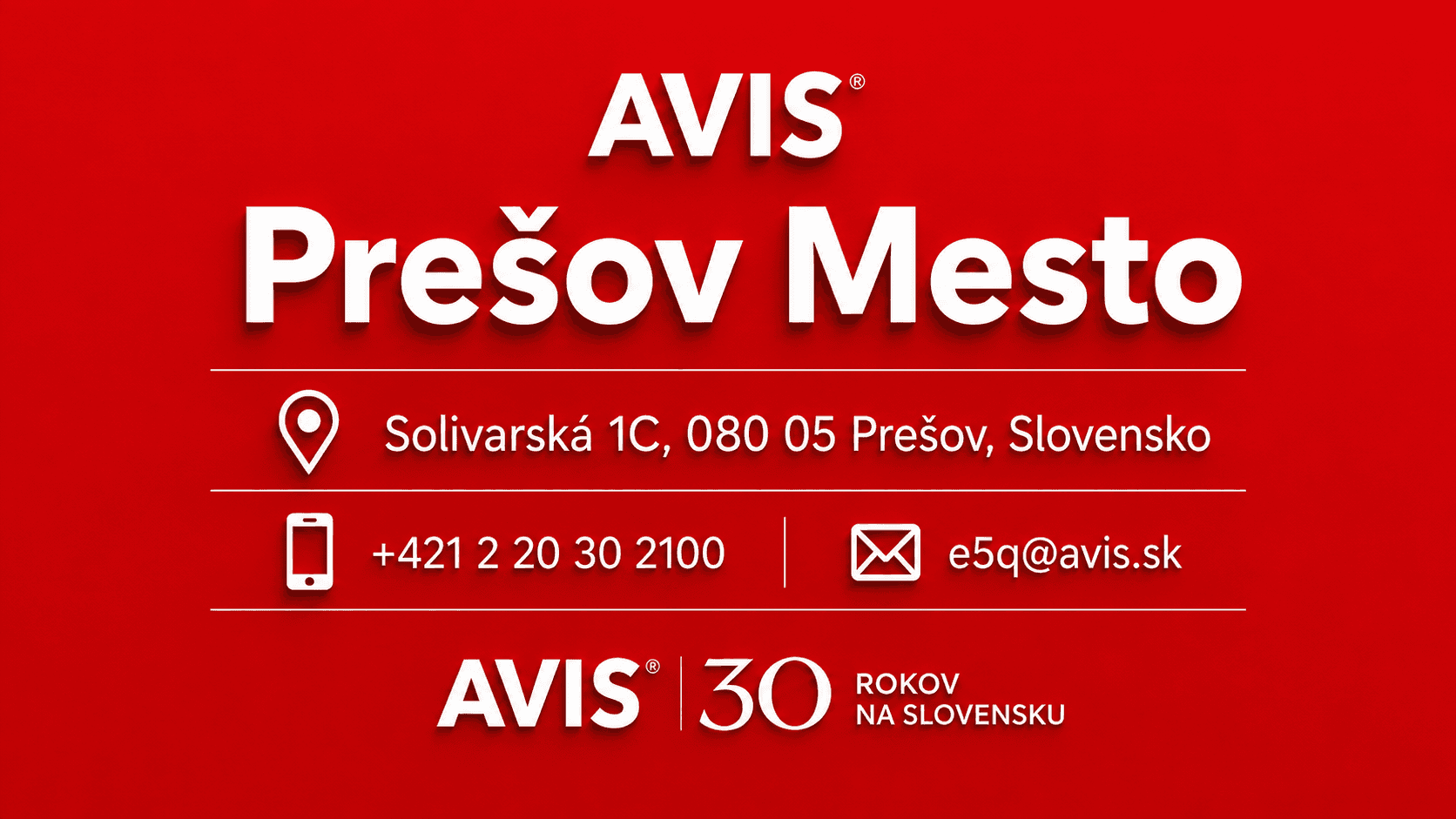 Pobočka AVIS Prešov Mesto na adrese Solivarská 1C v Prešove s telefónnym číslom a e-mailovým kontaktom.