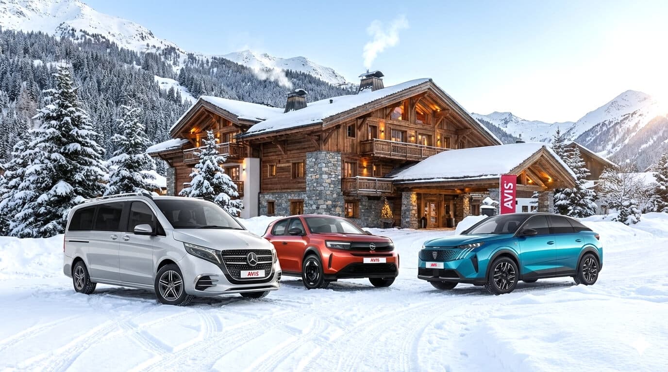 Mercedes-V-Class-opel-frontera-Peugeot-3008-stoja-pred-zasnezenym-hotelom-v-horach